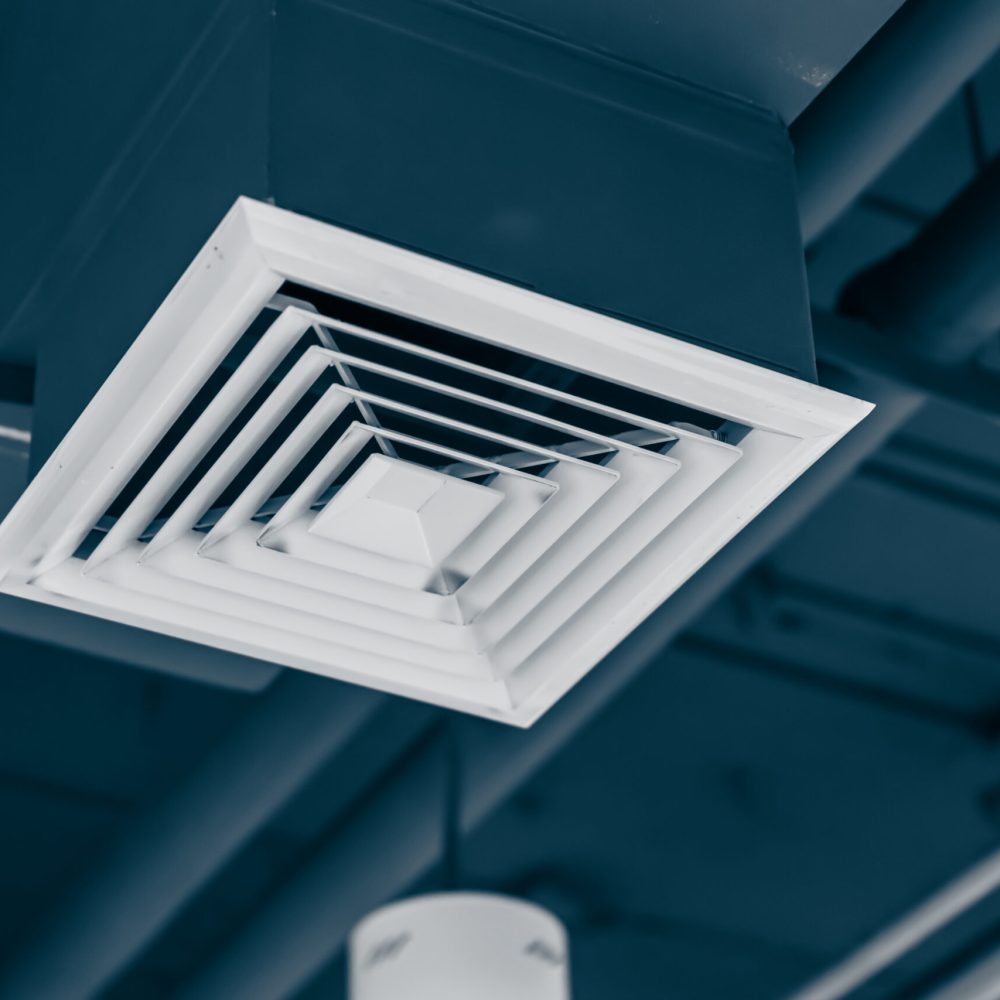 square air conditioning in office. air duct pipe hole grill for wind flow spreader